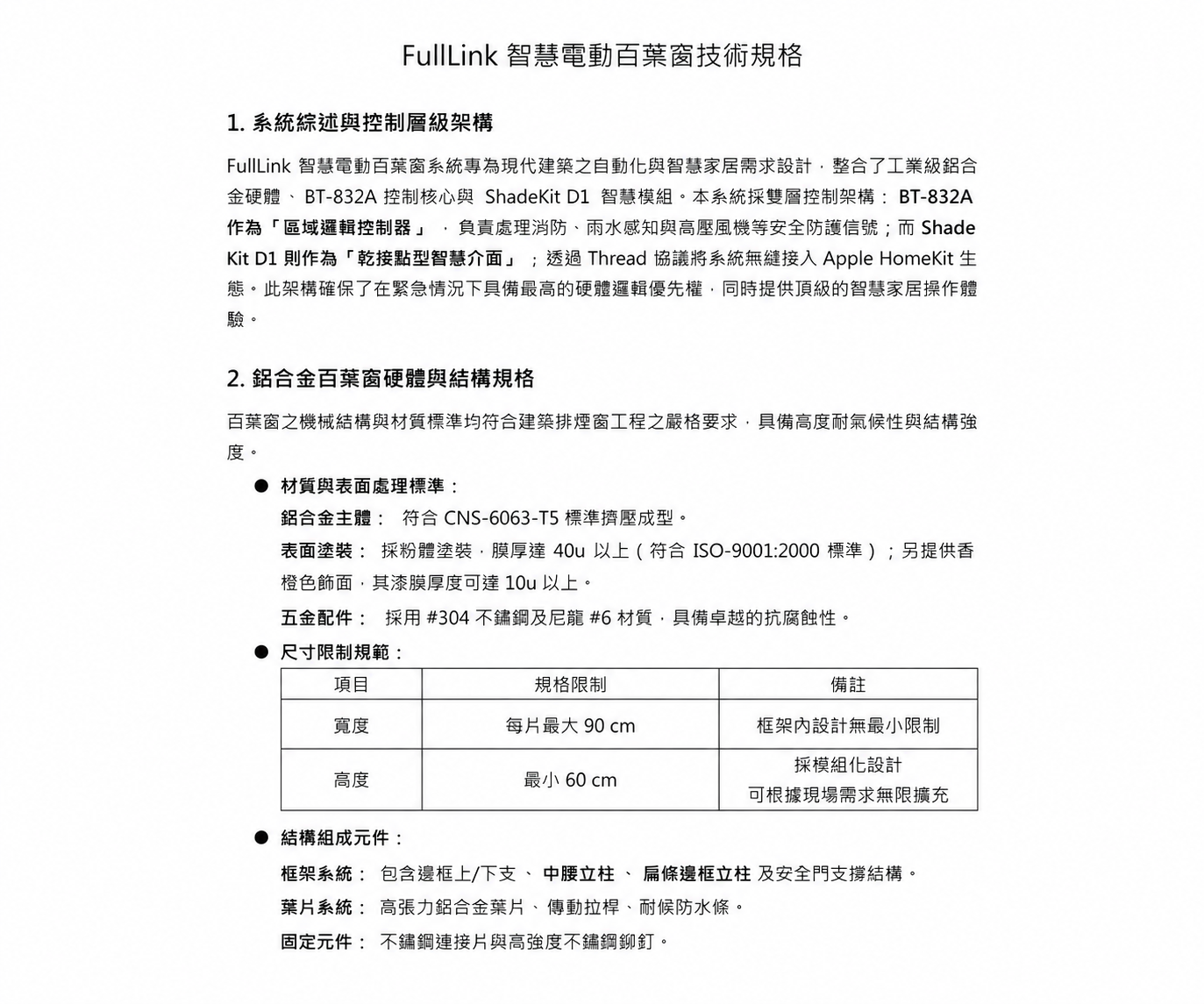 FullLink 智慧電動百葉窗技術規格